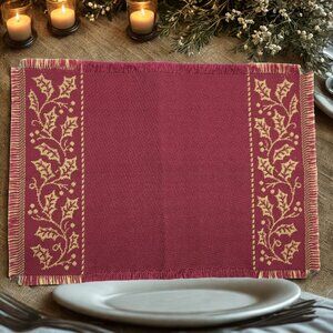Christmas Placemats Burgundy & Gold Holly Leaves Fabric Reversible Set of 4